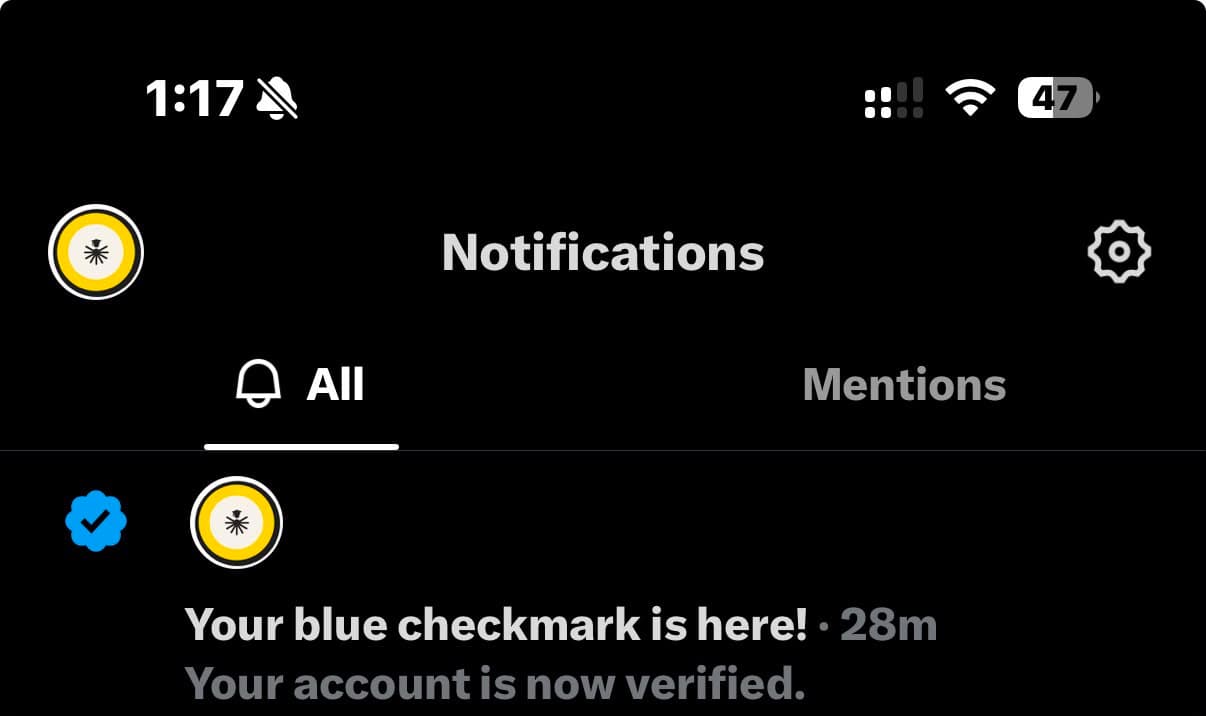 Screenshot of the X (formerly Twitter) app's Notifications page in dark mode showing a notification that says, "Your blue checkmark is here! Your account is now verified," indicating the IBBE account has received a blue verification badge.